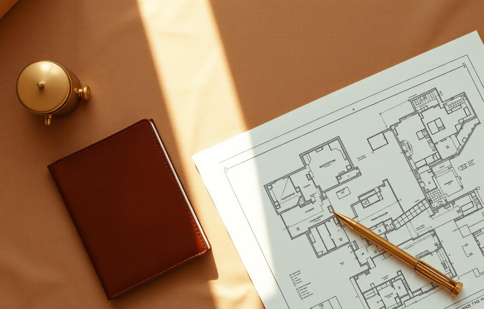 Architectural plans on a warm linen surface