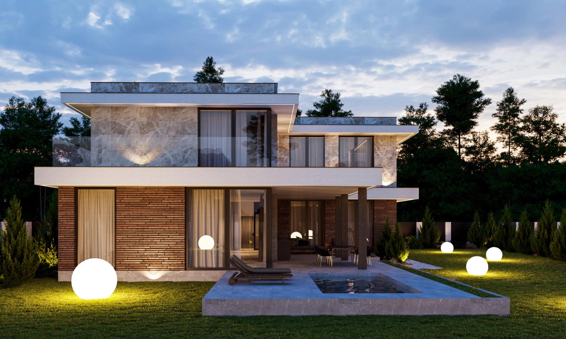Modern Cyprus villa illuminated at dusk