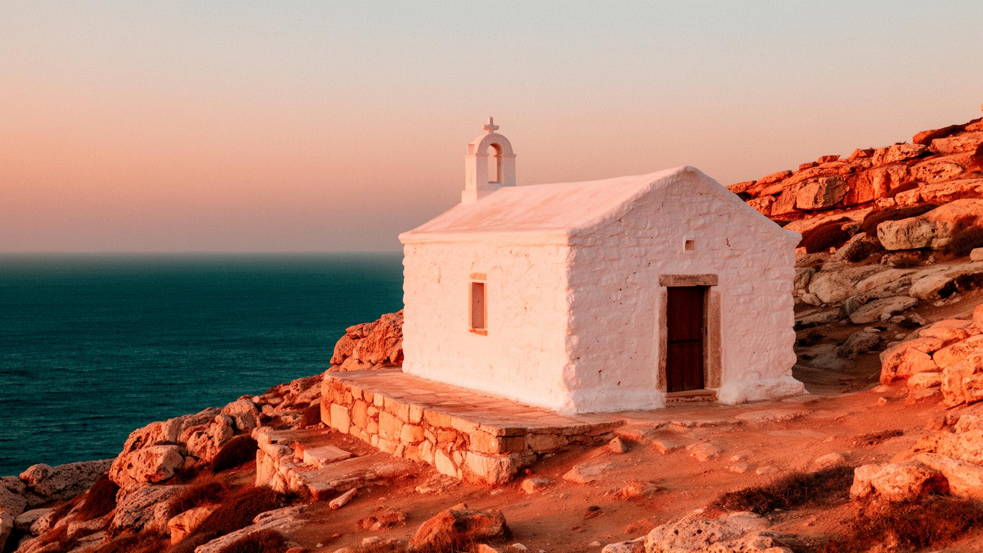 Whitewashed stone chapel above the Mediterranean sea at golden hour